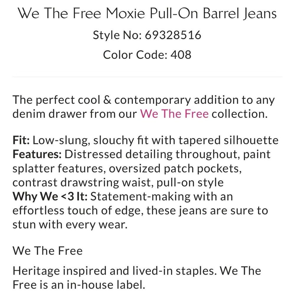 WE THE FREE by Free People: “Moxie” Low Slung Pull-On Barrel Jeans NWT - Picture 5 of 12